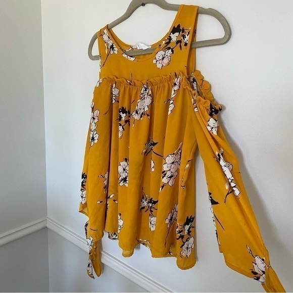 Anthropology Sienna Sky Mustard Yellow Floral Off Shoulder Ruffle Blouse Medium - Picture 4 of 5